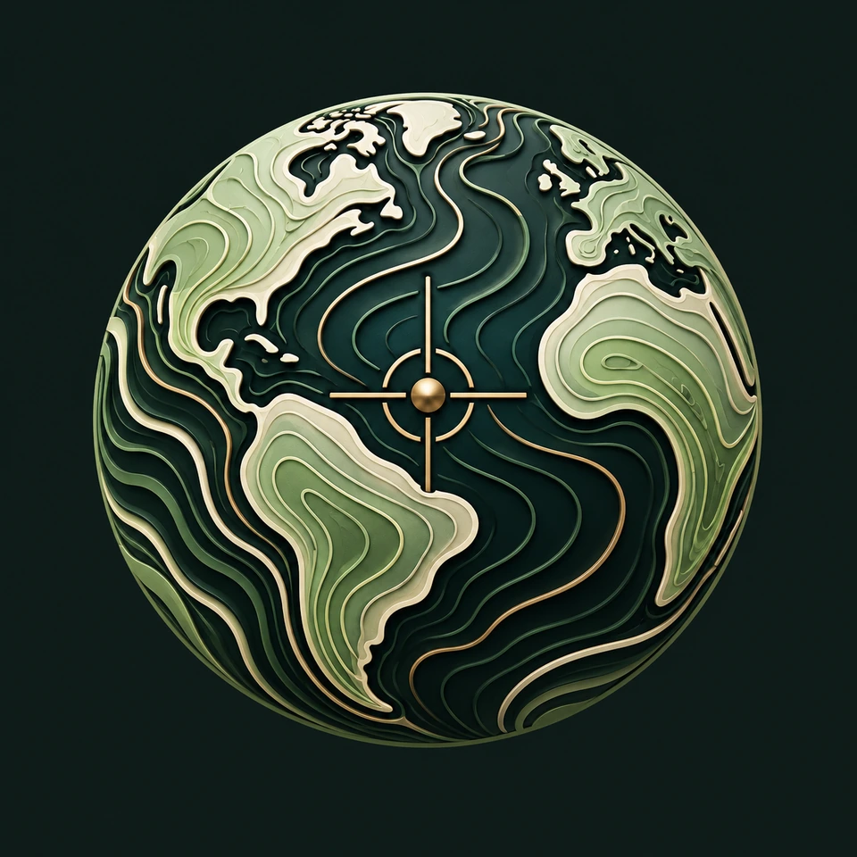 A globe formed from topographic contours with a central surveying crosshair
